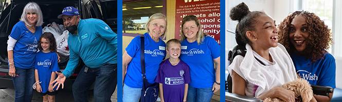 Wish granting volunteers smiling with wish children